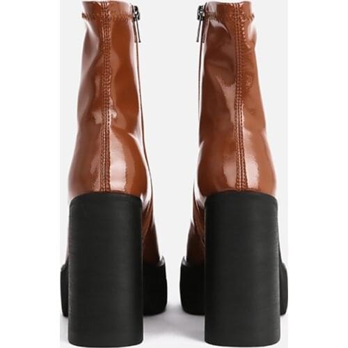 MUMANI Woman‘s Modern Boots Super High Brown Round Toe 12CM Thin Stretch Increase Martin Boots Square Heel Platform ANKLE Boots