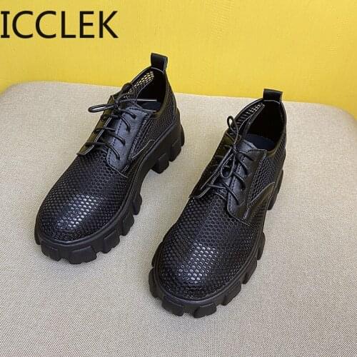 Platform Women Loafers Round Toe Leather Buckle Breathable Mesh 2021 New Slip On Spring Summer Shoes Square Heels Mujer