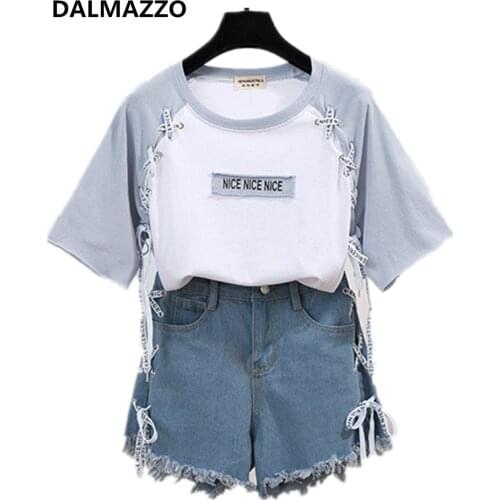 Fashion Womans Runway Print Letters Rope T-Shirt Tops + Denim Shorts 2 Pieces Sets 2021 Newest Summer Womens Hot Pants Suits XL