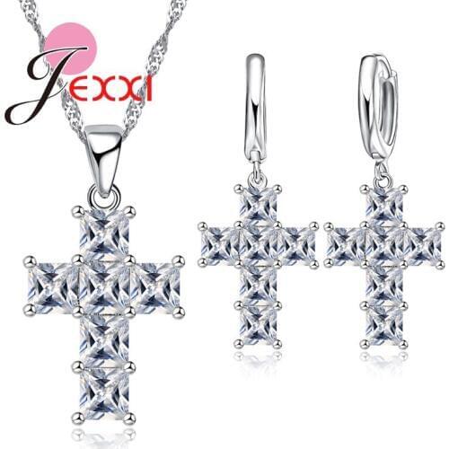Hot Punk Style Fashion Cross Shape Cubic Zirconia Silver Pendant Necklace Dangle Earrings Jewelry Sets For Woman