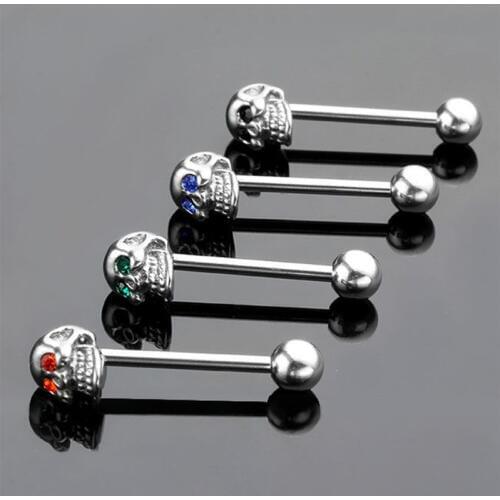 1Pc 4 Colors Barbell Piercing Body Jewelry 316L Stainless Steel CZ Gem Punk Skull Tongue Ring for Women Fashion Jewelry
