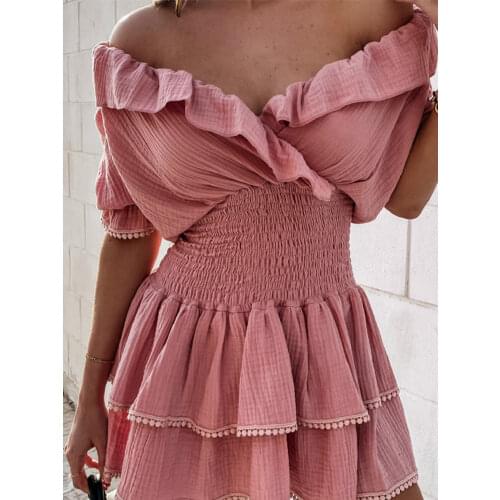 Fashion Mini Sexy Summer Women Dress 2021 V-Neck Short Sleeve Lace Ruffles Party Club Dresses Off Shoulder Office Casual Elegant