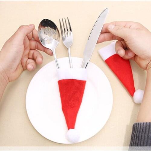 10Pcs Mini Christmas Caps Tableware Decor Pocket Knife Fork Spoon Cutlery Bag Christmas Table Decoration For Home Xmas Supplies