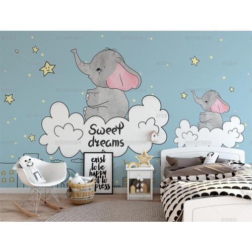 Bacal Custom 3d wallpaper lovely Cartoon Elephant Blue animal White sky for kid room background wall 3d wallpaper