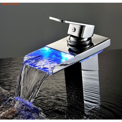 BAKALA Chrome Waterfall Basin Faucet LED waterpower Electricity generation Luminescence Water tap For Bathroom LED-501