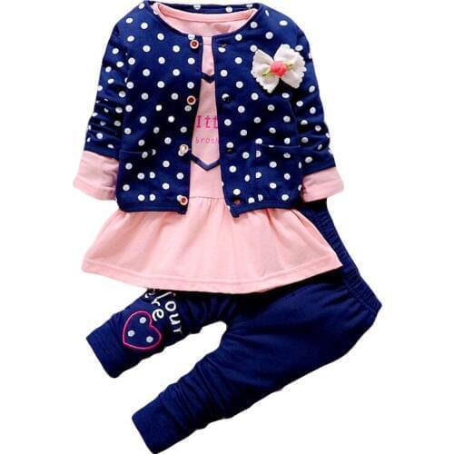 BOTEZAI Spring baby girls clothing sets wave point clothing set baby girls cotton clothes suit childern cartoon 3pcs suit
