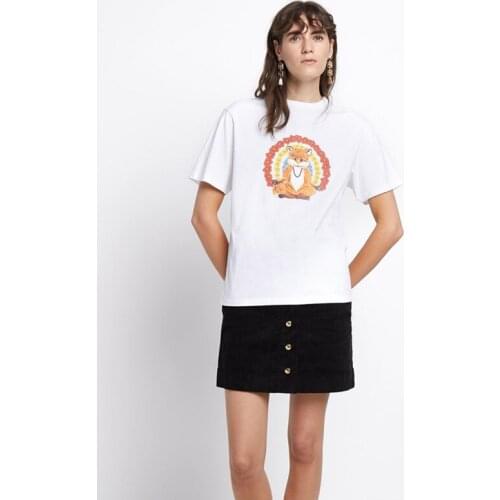 Female White Summer Loose Fox Print Casual Cotton T-Shirt Women Fashion High Street Brand Top Lovers Designed New Blue Tee ML034