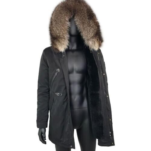 Natural Rabbit Fur Lined Coat Jacket Men Parka 100% Windproof Outwear High Quality Business Casual