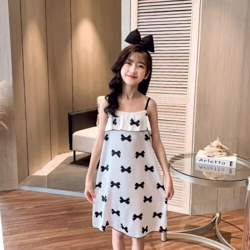 Summer Childrens Pajamas 4-11 Years Baby Girls Nightgown Cute Bow Strawberry Print Sling Nightdress for Girl Kids Sleepwear