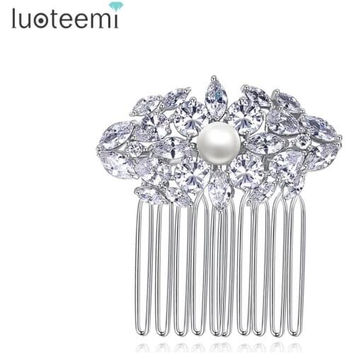 LUOTEEMI New Design Flower Comb Hair Accessories for Women Trendy Fashion Cubic Zircon Jewelry Rhinestone Brides Wedding