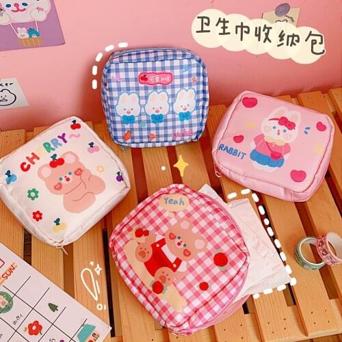 Kawaii Bear Rabbit Stationery Storage Bag Korean Students Portable Large Capacity Cosmetic Bag Cute Sanitary Napkin Storage Bag