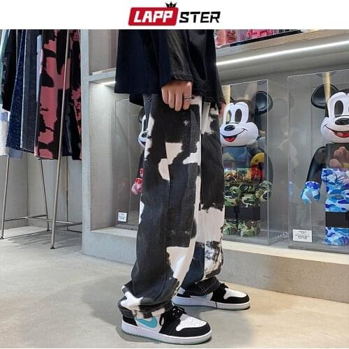 LAPPSTER Men Y2k Tie Dye Baggy Jeans Pants 2021 Mens Vintage Japanese Streetwear Denim Trousers Male Kpop Causal Wide Leg Pants
