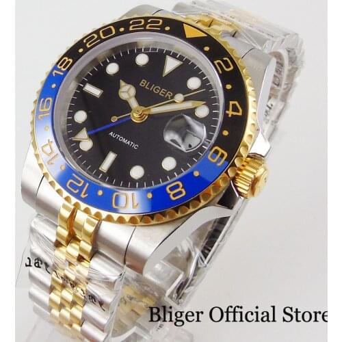 BLIGER 40mm Wristwatch Male MINGZHU 3804 Movement Gold Coated Bracelet Black Dial Ceramic Bezel