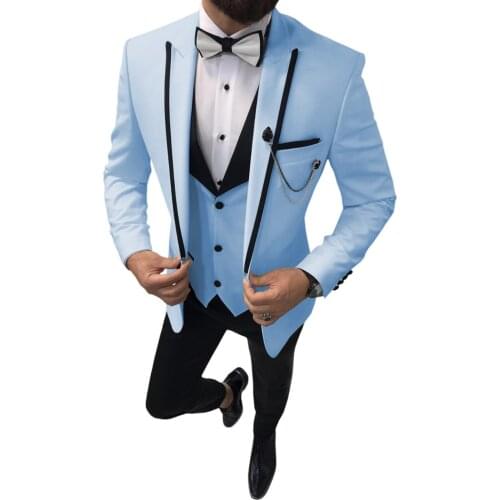 2021 Latest Coat Pant Designs Formal Men Suits Wedding Sky Blue Peaked Lapel Groom Tuxedo Best Man Blazer 3 Piece Costume Homme