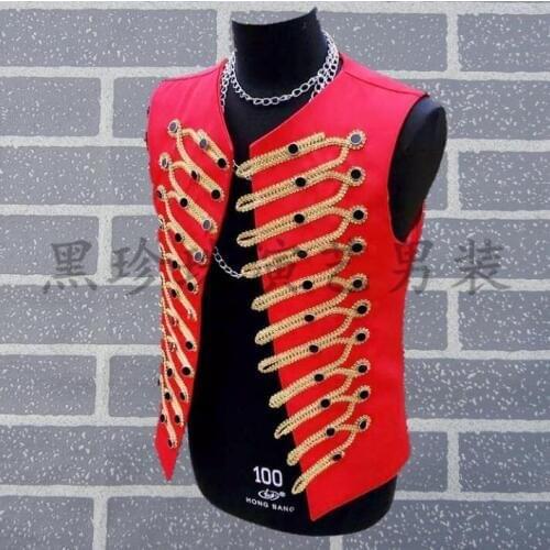 Personality rock slim male sleeveless red vest men punk costumes hombre singer dance stage fashion multi-row buckle clothes new