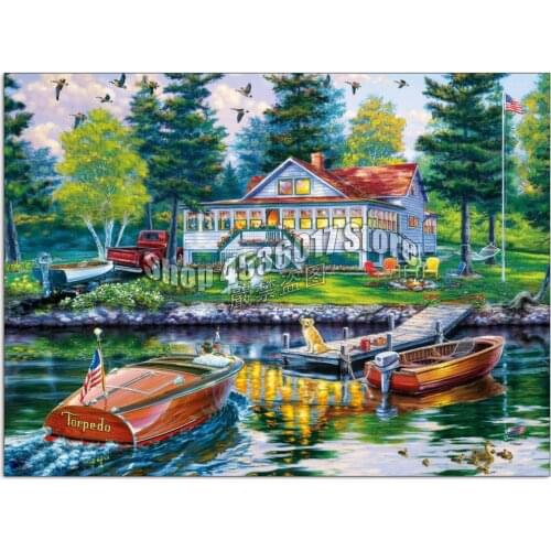 Full Drill DIY Diamond Painting Boats Summer Cabins, Cottages Landscape Embroidery Cross Stitch Diamond Mosaic Home Decor Gift
