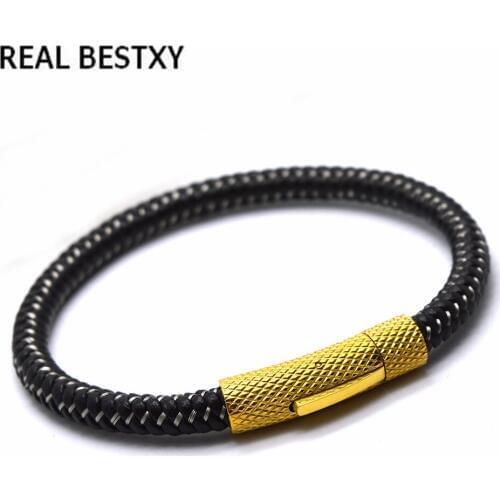 REAL BESTXY Wholesale Fashion Men Leather Bracelet 100% Brand New Trendy Bracelets with stainless steel Clasp