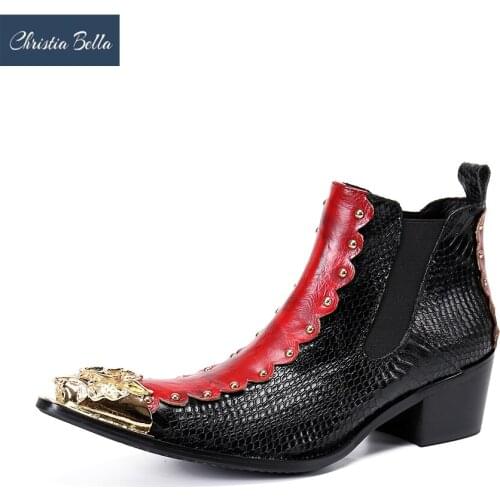 Christia Bella New Fashion Men Party Boots Rivets Motorcycle Ankle Boots Genuine Leather Chelsea Boots Slip On Club Formal Shoes