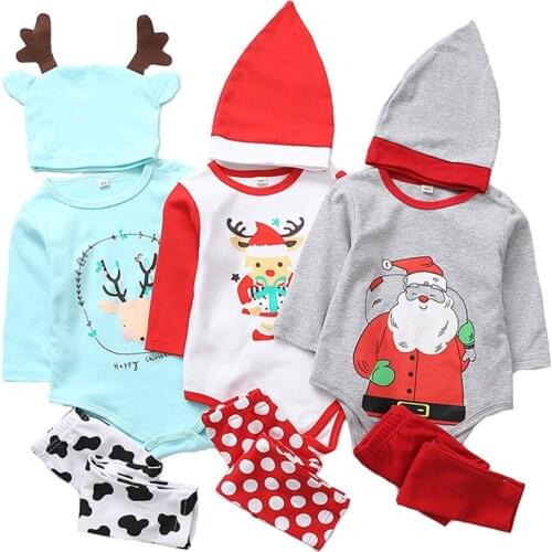 Autumn toddler boys clothing set Christmas Pure cotton rompers Infantil 3-pcs suit Print baby girl party wear indoor roupas