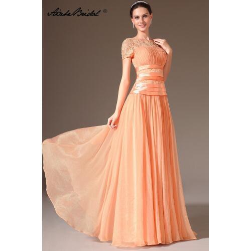 Real Photos Short Sleeve Mother of the Bride Dresses Women Vestidos Elegant Long Floor-Length Orange Chiffon Evening Dresses