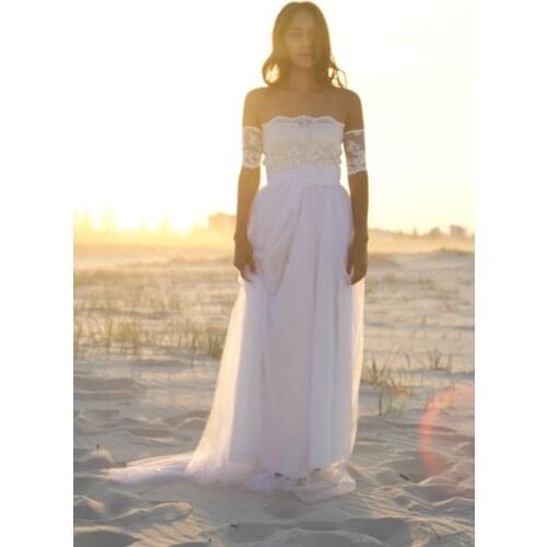 Bateau boat neck Short Sleeve Chiffon Latest Simple Lace Summer Beach bridal gown 2018 vestido de noiva bridesmaid dresses