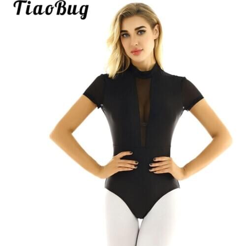 TiaoBug Women One-piece Dancewear Mock Neck Short Sleeves Backless Bodysuit Gymnastics Leotard Competition Ballet Dance Costume
