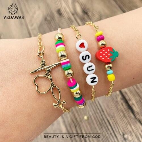 Vedawas Fashion Heart Letter Beads Bracelets for Women Ethnic Cute Flower Kids Charm Bracelets Sets Jewelry Party Gift Wholesale