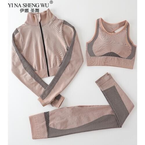 Womens Sportswear Yoga Zipper Long Sleeve Set Workout Clothes Athletic Wear Sports Gym Legging Seamless Fitness Bra Top Suit
