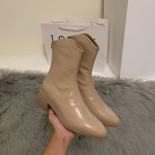 EOEODOIT Med Block Heels Western Boots Autumn Women Fashion Leather Calf Boot Side Zip Closure Casual Heels Shoes
