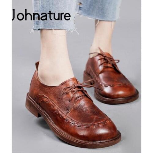 Johnature Genuine Leather Retro Shoes Pumps Women Shoes Round Toe Lace-Up 2021 New Autumn Shallow Handmade Four Seasons Shoes