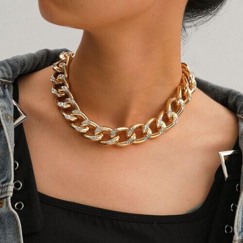 Punk Aluminium Thick Chain Rhinestone Choker Necklace Women Vintage Hiphop Geometric Neck Chocker Colar Necklace Jewelry XR3191