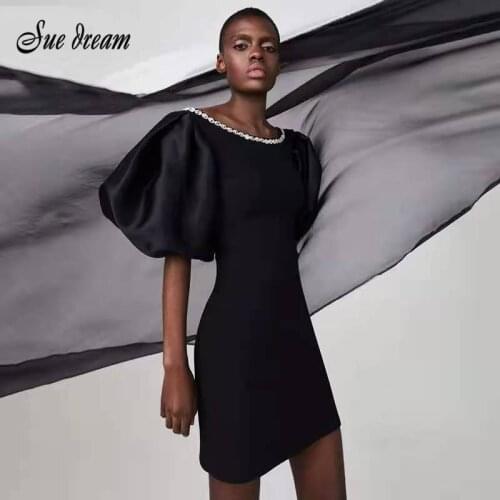 2021 New Summer Black Bandage Dress Women Sexy Short Puff sleeve Mini Celebrity Evening Runway Party Dress