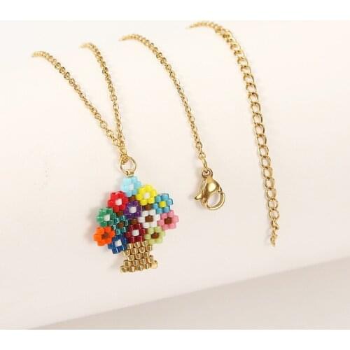 Bohemian Womens Handmade Miyuki Beaded Multicolor Life Tree Pendant Necklaces Boho Fashion Stainless Steel Gold Chain Necklace