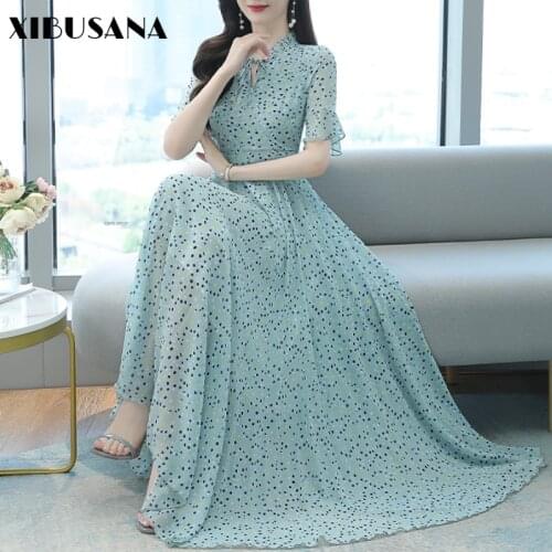 Women Retro Bow Collar Dot Printed Chiffon Dress Summer High Waist Bohemian Beach Long Dresses Female Plus Size 4XL Vestidos New