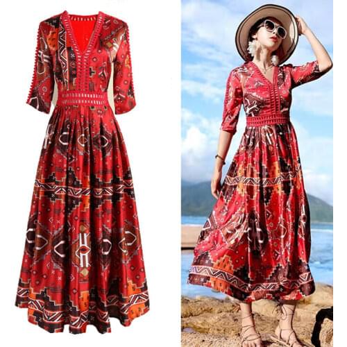 Vintage national wind floral print dress hollow out v collar women high waist long beach dress bohemian holiday dress