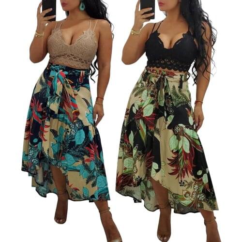 2 Colors Women Leaf Print Skirts High Waist Lace Up A-line Skirt Summer Streetwear Fitness Skirts Casual Bohemian Skirts Female