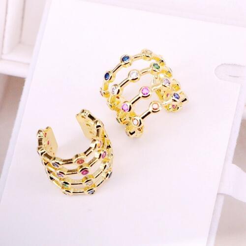 6Pairs, Jewelry Clip Ear Multi Zirconia Cuff Earring Gold Color Crystal No Piercing Rainbow Micro Pave CZ Colorful Earrings