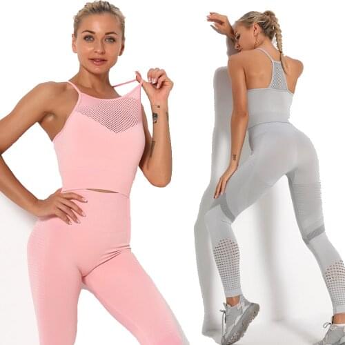 Custom logo Seamless Yoga Outfits Sets Women Fitness Sports Suit Mesh Gym Workout Clothing Sportswear top and bottom Sports Set