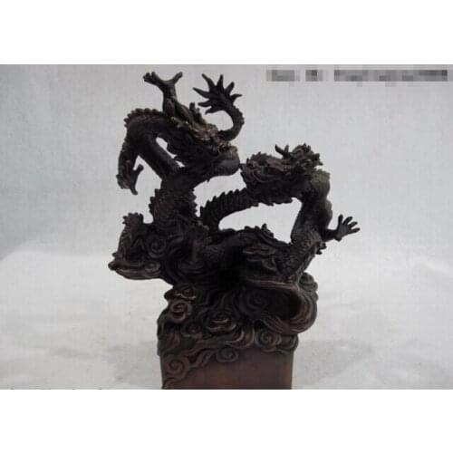 Fast shipping USPS to USA S0311 8 China Palace Fengshui Copper Bronze Two Dragon Play Ball Emperor Seal Statue