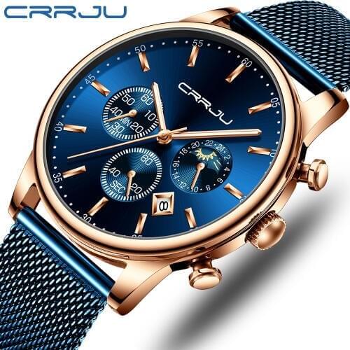 CRRJU 2019 New Luxury Fashion Blue Mesh Belt Quartz Gold Watch Mens Watches Top Brand Waterproof Leisure Clock Relogio Masculino