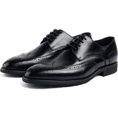 Black Brogue Carving Genuine Leather Dress Men Shoes Mens Wedding Shoes Business Office Work Pointed Toe Lace-Up Shoes 38-44