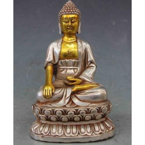Zhmui88006379++6.5 Chinese Buddhism White Copper Silver Tathagata Amitabha Rulai Buddha Statue