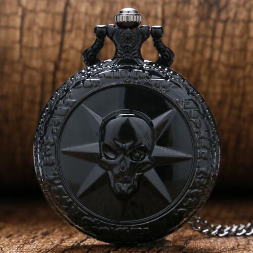 Cool Cross Fire Game Theme Black 3D Skull Design Quartz Pocket Watch With Necklace Chain Clock Drop Shipping