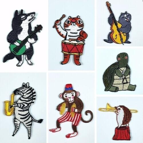 Cartoon Rock Music Animal Embroidery Patches Iron On Circus Troupe Tiger The Wolf Hedgehog Squirrel Zebra Children Garment Decor