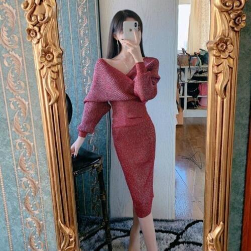 Thick Warm Cotton Knitted 2 Piece Set Women Lantern Sleeve Sweater Blouse and Corset Pink Red Wrap Bodycon Midi Skirt Ladies