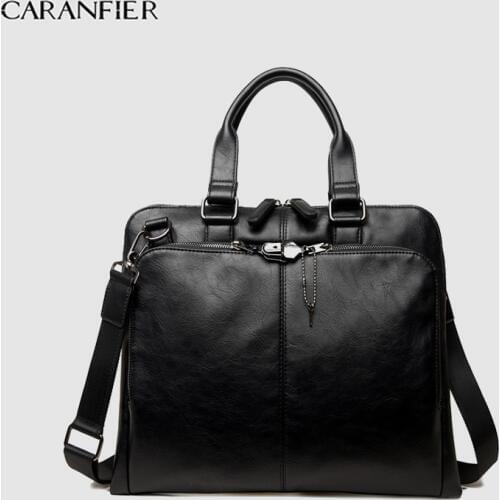 CARANFIER Mens Briefcase Casual PU Leather Solid Color Travel Bag Computer Shoulder Crossbody Business Office Document Handbags