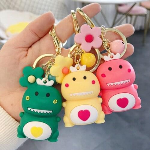 Cute Personality Dinosaur Flower Pendant Keychain Cartoon Animal Key Chain Women Kids Car Bag Phone Key Rings