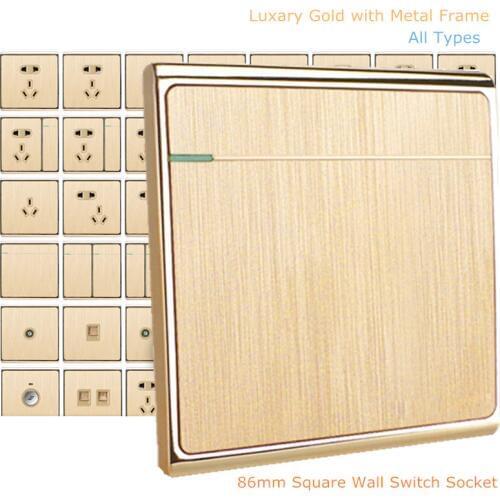 Luxury Gold Wall Switch Socket Fluorescent Strip Indicator Hotel Home 86mm Squre Wall Light Panel Switch