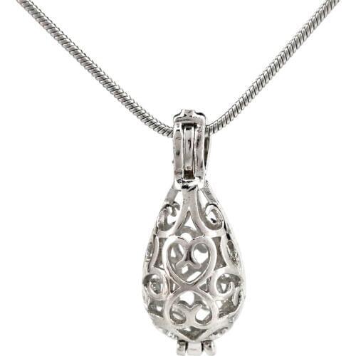 S-K69 Water Drop Beads Cage Pendant Essential Oil Diffuser Pearl Cage Locket Stainless 22'' Snake Chain Necklace