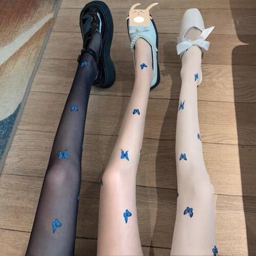 Blue Butterfly Print Any Cut Silk Stockings Fairy Style Thin Base Anti-snaking Tights